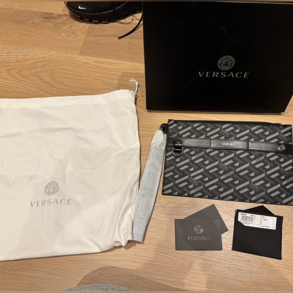 Versace La Greco Monogram Black and Gray Pouch new with tags